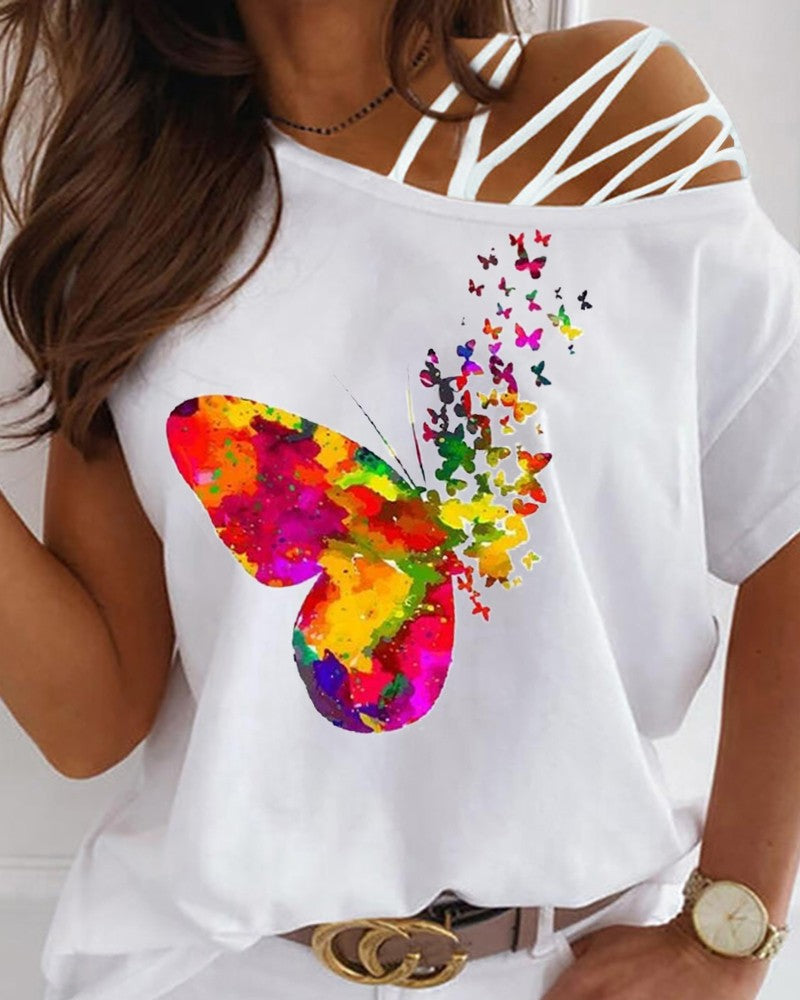Cutout Butterfly Print T-shirt – Full Curvas Fashion