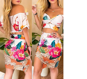 Tropical Print Twisted Crop Top & Slit Skirt Set