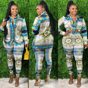 Two-piece suit with waist printed jacket