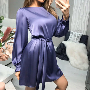 Satin Small Lantern Sleeve Dress With Solid Color One Shoulder