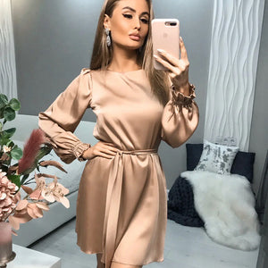 Satin Small Lantern Sleeve Dress With Solid Color One Shoulder