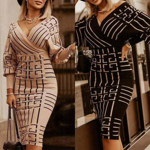Midi Dress Deruilady Vintage Women Elegant Spring Long-Sleeve Ladies Se Xy Slim Striped