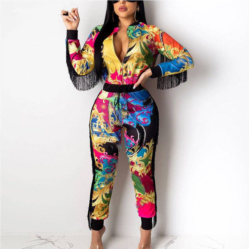 Two-piece suit with waist printed jacket
