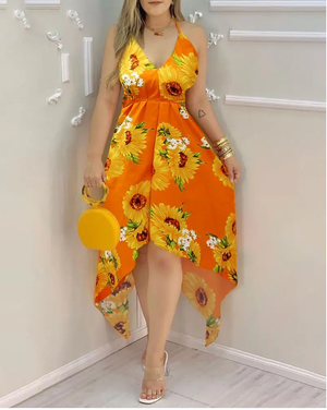 Sunflower Print Backless Asymmetrical Dress