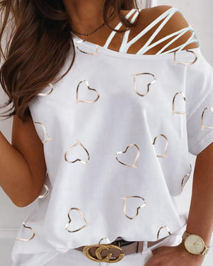 New Women's Love Print Round Neck Off Shoulder Irregular Women's Short Sleeve T-Shirt