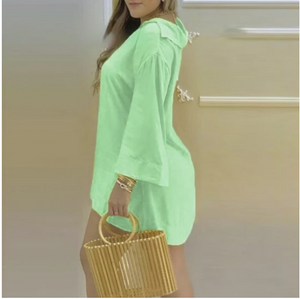 Fashion Plain Color Flared Sleeve V-neck Top And Shorts Fashion Ladies Suit