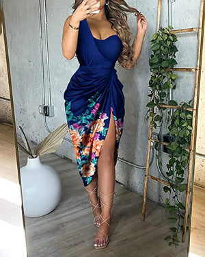 Asymmetrical Floral Print Ruched Split Thigh Satin Dress
