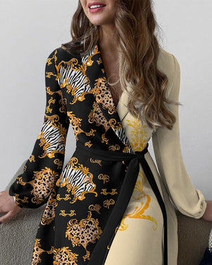 Fall New Floral Print Lapel Long-sleeved Dress Yellow