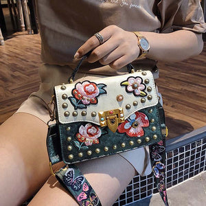 Embroidered small square bag rivet lock wide shoulder strap one-shoulder messenger handbag