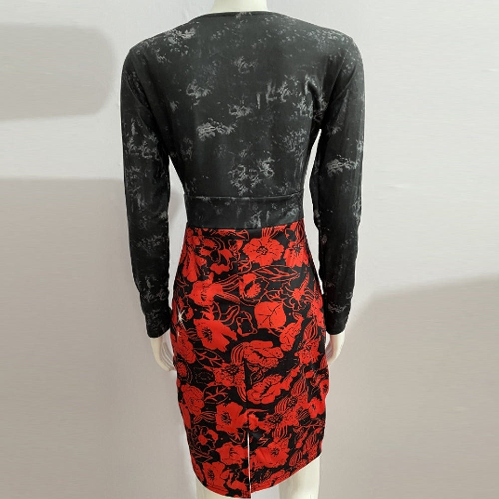 Women's V-neck Floral Digital Print Long Sleeve Dress
