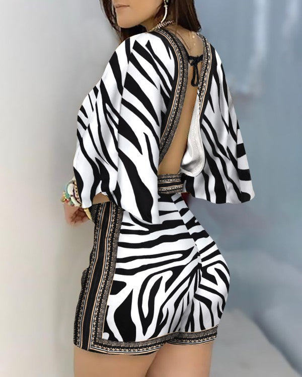 Zebra Print Backless Casual Romper