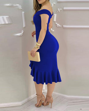 Plain Off Shoulder Dress BLUE