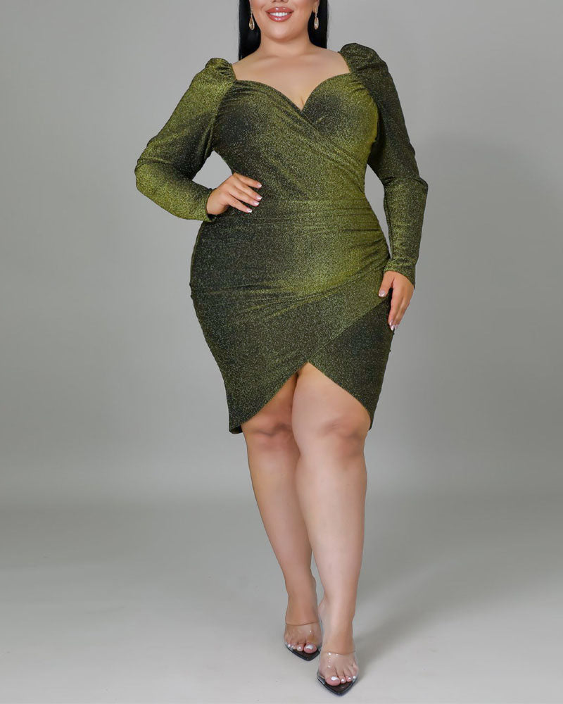 Plus Size Long Sleeve Glitter Ruched Party Dress