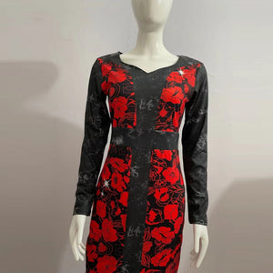 Women's V-neck Floral Digital Print Long Sleeve Dress