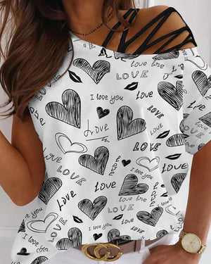 New Women's Love Print Round Neck Off Shoulder Irregular Women's Short Sleeve T-Shirt