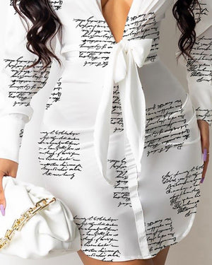Plunge Tie Front Letter Print Shirt Dress White