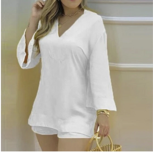 Fashion Plain Color Flared Sleeve V-neck Top And Shorts Fashion Ladies Suit