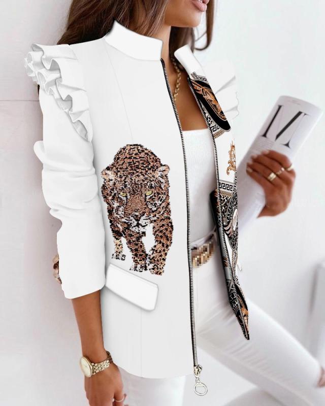 Check Leopard Print Zip Ruffle Shoulder Jacket